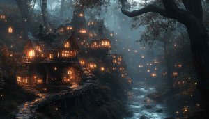 Enchanted Forest Wallpaper: Fantasy Village, Magical Night Scenery For Desktop