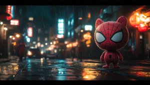 Cute Spiderman Wallpaper: Rainy Cityscape, Superhero 4K, Marvel Art