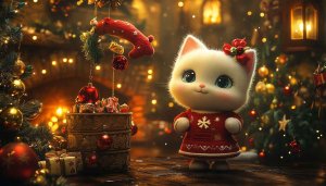 Cute Christmas Cat Wallpaper, Festive Holiday Background, Desktop Wallpaper