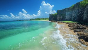 Beach Wallpaper: Turquoise Sea, Coastal Fort, and Sunny Sky