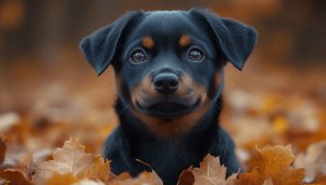 Cute Rottweiler Puppy Wallpaper: Adorable Dog Breed in Autumn Leaves