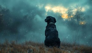 Black Dog Stargazing Wallpaper, Night Sky Scene, Cute Dog Wallpaper