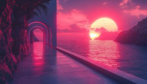 Synthwave Wallpaper: Pink Sunset Ocean View 4k Aesthetic Background