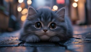 Cute Cat Wallpaper: Gray Kitten, Fluffy Fur, Big Eyes