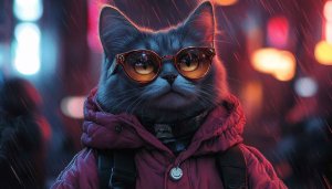 Cat Wallpaper: Stylish Kitten Wearing Glasses in Neon Cityscape, 4k