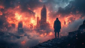 Apocalyptic Cityscape Wallpaper: Man Overlooking Fiery Destruction, 4k Wallpaper