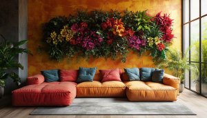 Living Room Plant Wallpaper, Floral Interior Design, Modern Home Decor