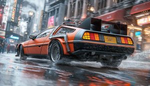 Back to the Future Car Wallpaper, DeLorean, Cyberpunk City, 4k