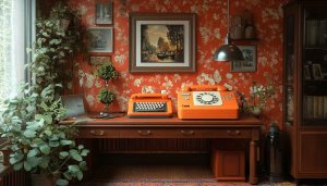 Retro Interior Wallpaper: Orange Typewriter, Telephone, Floral, Vintage Decor
