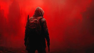 Hooded Figure Red Background Wallpaper, Post-Apocalyptic, Desktop & Mobile