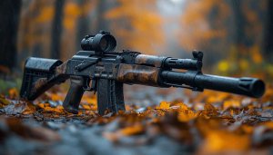 Gun Wallpaper: Assault Rifle on Autumn Leaves 4k Wallpaper