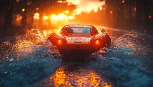 Classic Car Wallpaper: Orange Sports Car in Rain - 4K