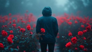 Rainy Day Rose Garden Wallpaper, Man in Hooded Jacket
