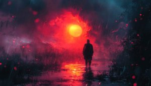 Rain Wallpaper: Man Walking Under Red Sky, 4K Wallpaper