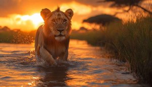 Golden Hour Lion Wallpaper: Majestic African Wildlife River Sunset