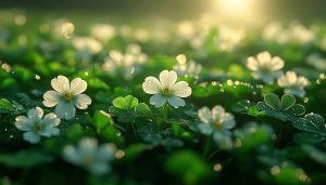 Floral Wallpaper: White Flowers and Clover Field in Morning Sunlight