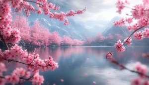 Pink Blossom Wallpaper, Cherry Blossom Wallpaper, Spring Wallpaper, Lake Wallpaper