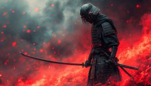 Samurai Wallpaper: Warrior with Katana - Red Fire Edition