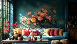Floral Wallpaper: Artistic Flower Arrangement, Blue Couch Interior Design Wallpaper