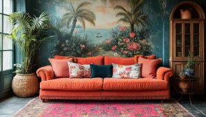 Tropical Wallpaper: Living Room Interior, Floral, Palm Trees, Beach Scene