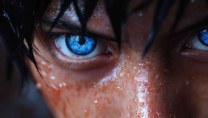 Detailed Blue Eye Wallpaper: Intense Gaze and Water Droplets Aesthetics