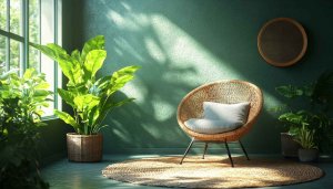 Green Interior Wallpaper: Cozy Chair, Plants, Natural Light 4K