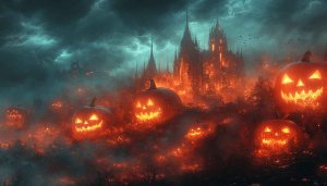 Halloween Wallpaper: Pumpkin and Castle HD 4k Wallpaper for Desktop