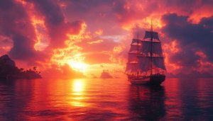 Sunset Ship Wallpaper: Ocean, Sea, Pirate Ship for Desktop