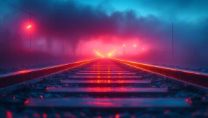 Train Tracks Wallpaper: Red Neon, Atmospheric, Desktop Background, 4K