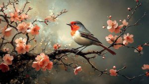 Robin Bird Wallpaper with Cherry Blossoms, Nature Art 4K