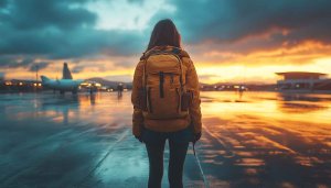 Travel Wallpaper: Girl with Backpack Airport Sunset Aesthetic Wallpaper