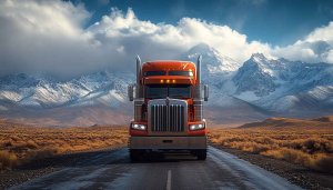 Truck Wallpaper: Orange Kenworth Truck with Snowy Mountains Wallpaper