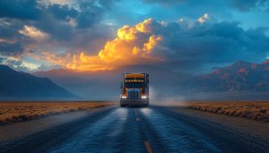 Truck Wallpaper: Semi Truck on Road at Sunset 4K