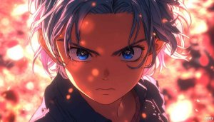 Anime Wallpaper: Determined Gaze with Piercing Blue Eyes and Fiery Background