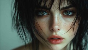 Beautiful Woman Face Portrait Wallpaper, Green Eyes, Freckles, Red Lips