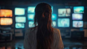 Abstract TV Background Wallpaper, Girl in front of screen 4k