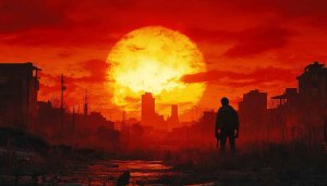 Post Apocalyptic Wallpaper: Survivor, Cityscape, Red Sky, 4K