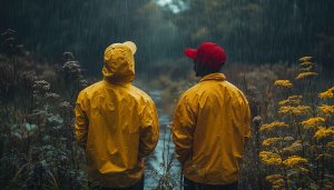 Rain Wallpaper: People in Yellow Jackets Landscape Rainy Day View
