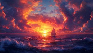 Ocean Sunset Wallpaper: Sailboat, Sea, Sky, Orange Cloudscape, 4k