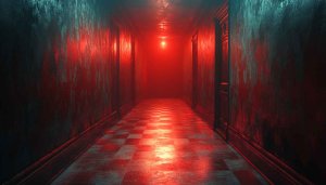 Scary Horror Hallway Wallpaper, Red Light, Spooky 4K, Dark theme