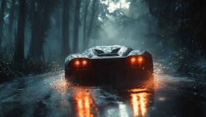 Car Wallpaper: Futuristic Sports Car Driving In The Rain 4K