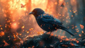 Fantasy Bird Wallpaper: Raven with Autumnal Leaves and Butterfly Artwork