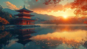 Pagoda Lake Wallpaper - Japanese Temple, Autumn Landscape Scenic View