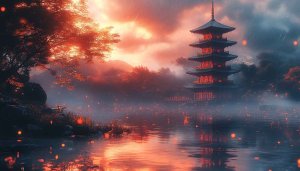 Japanese Pagoda Wallpaper, Asian Scenery, Rainy Day, Lake Reflection