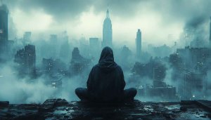 Cityscape Wallpaper: Meditating Figure over New York 4K Wallpaper