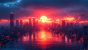 Red Sunset Cityscape Wallpaper, Modern City Wallpaper, Urban Wallpaper