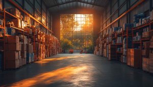 Warehouse Wallpaper: Sunset Inside a Storage Facility, Industrial Wallpaper