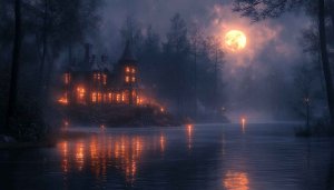 Halloween House Wallpaper, Full Moon Wallpaper, Dark Lake Wallpaper