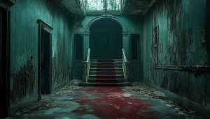 Horror House Wallpaper, Halloween Wallpaper, Dark Architecture Background, Staircase wallpaper