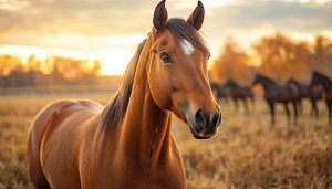 Horse Wallpaper: Brown Horse in Field at Sunset, Desktop Background
